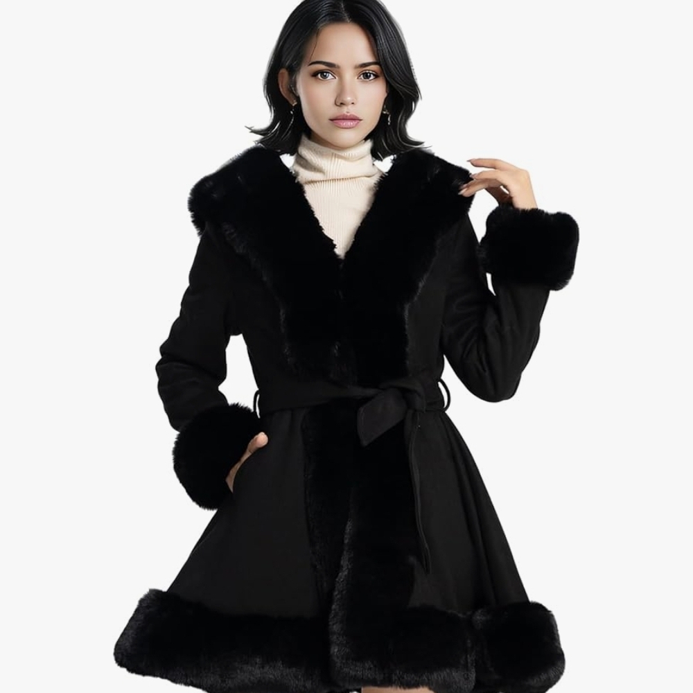 NXBC Elegant Black Faux Fur Trimmed Women's Jacket